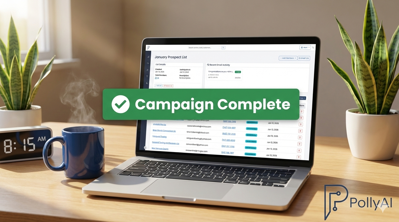 Computer showing completed campaign send with coffee on the desk before 9:00 AM