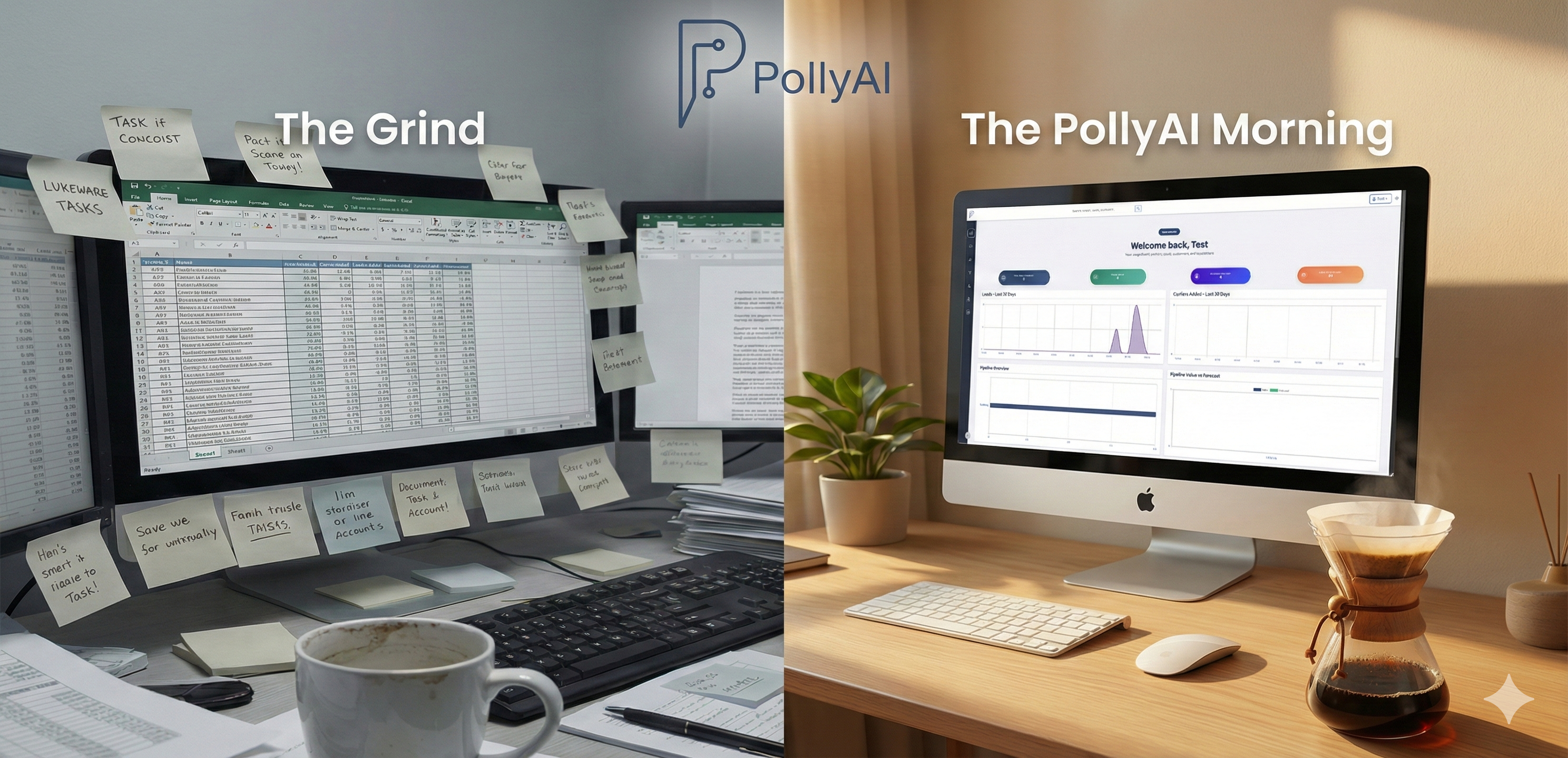 Computer on the left covered in sticky notes and excel sheets, computer on the right happily using a laptop with PollyAI dashboard on screen