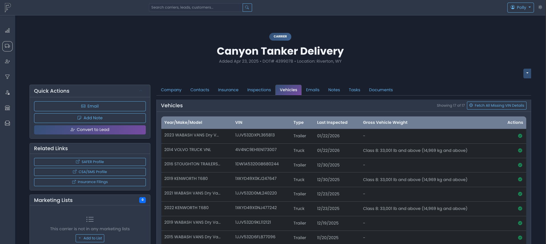 New Equipment and VIN Data View