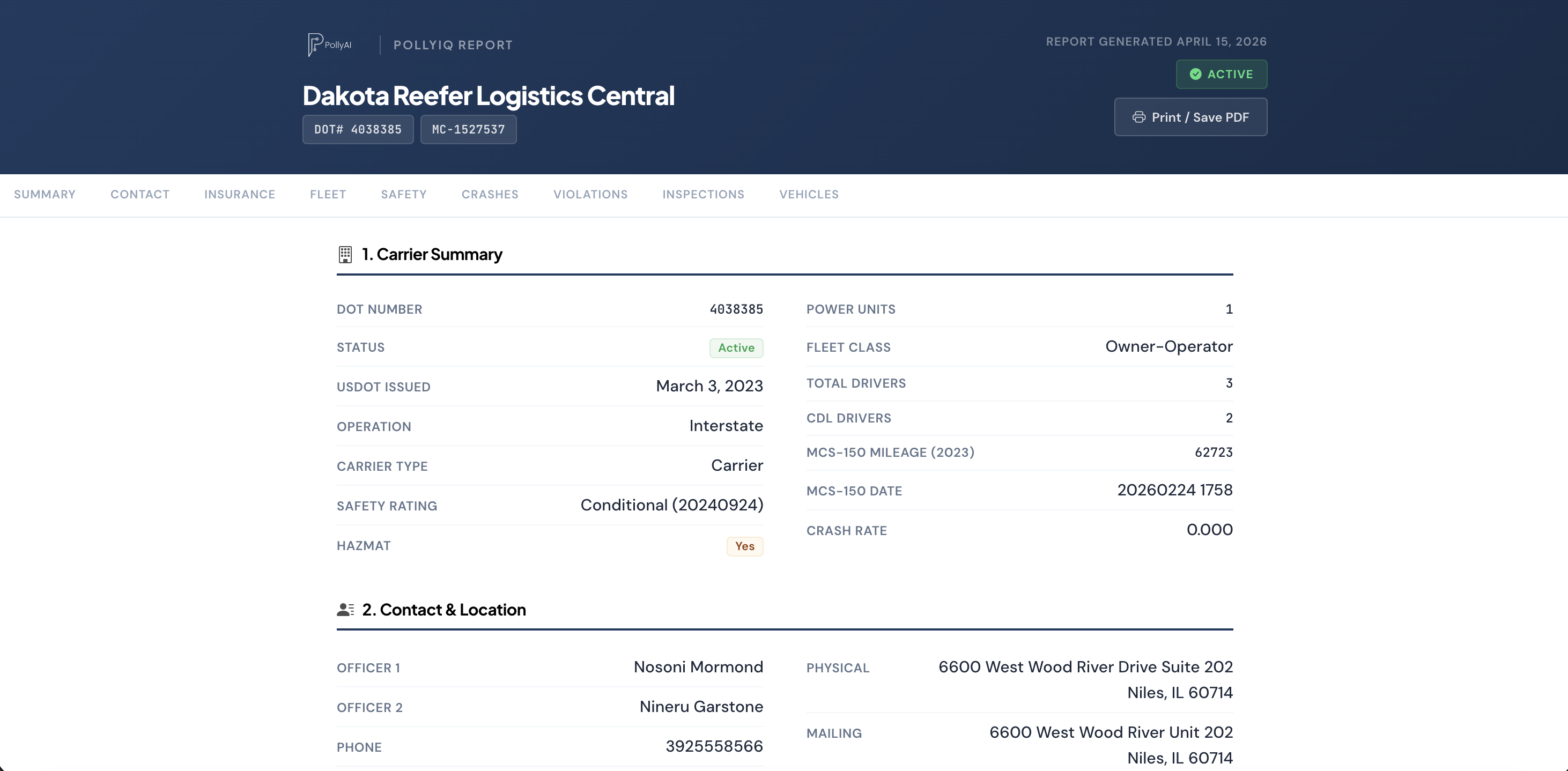 The full PollyAI Carrier Report page from top to bottom.